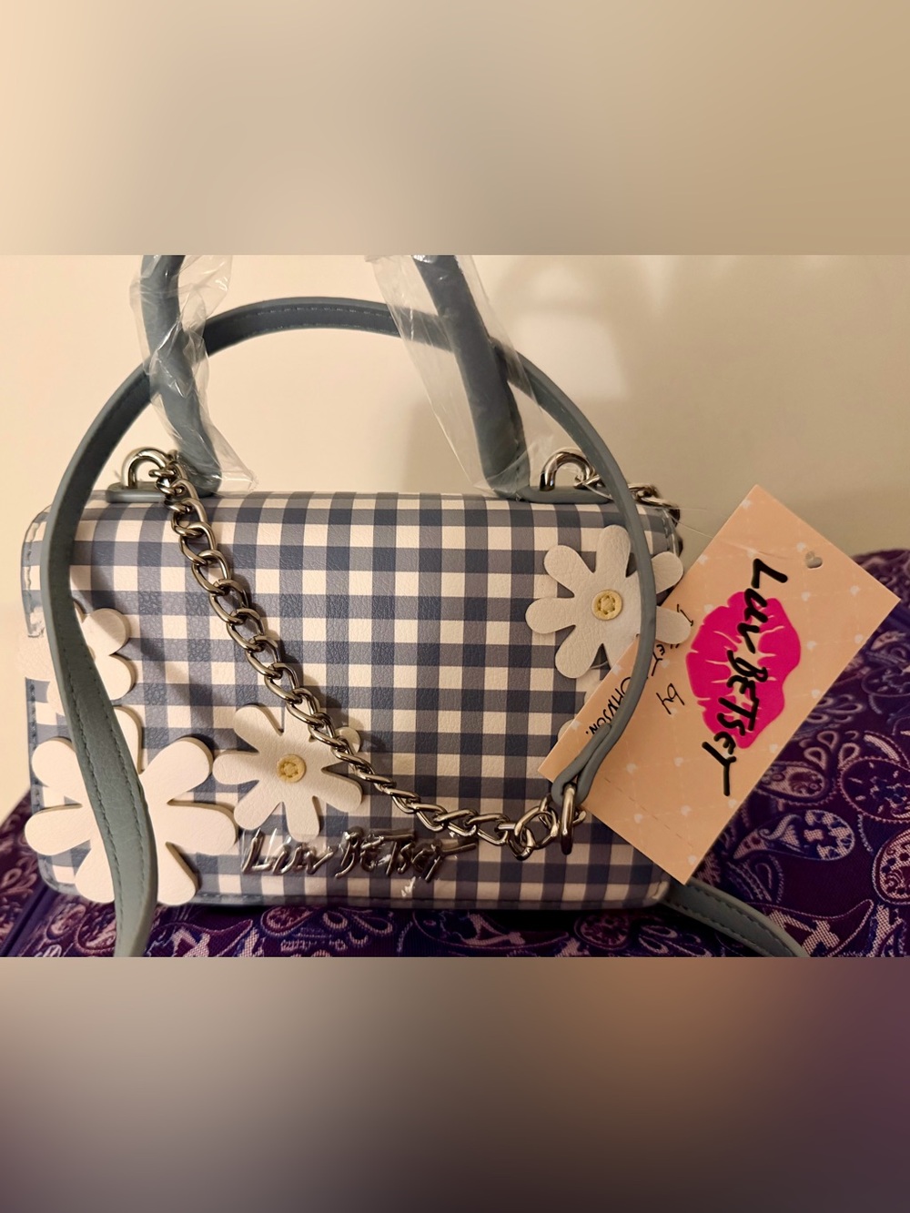 Betsey Johnson Luv Betsey Gingham Checkered Daisy Crossbody Bag NWT